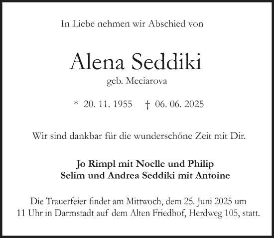 Traueranzeige von Alena Seddiki von Darmstädter Echo