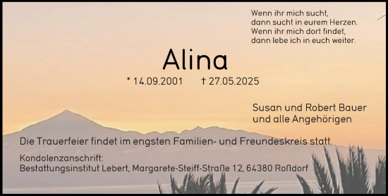 Traueranzeige von Alina Bauer von Darmstädter Echo