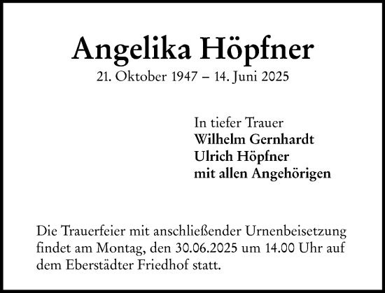 Traueranzeige von Angelika Höpfner von Darmstädter Echo