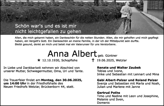 Traueranzeige von Anna Albert von Wetzlarer Neue Zeitung