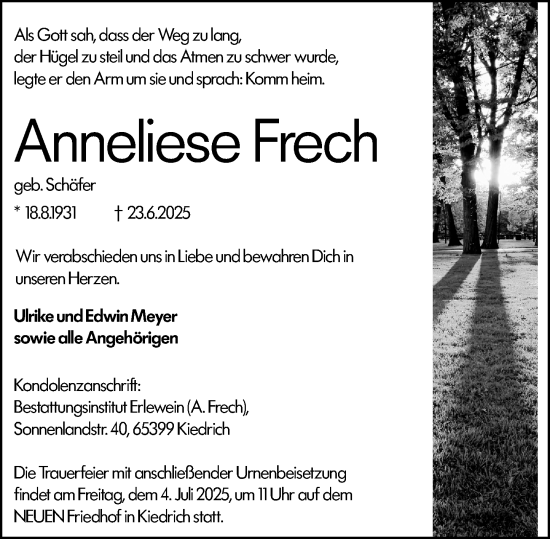 Traueranzeige von Anneliese Frech von Rheingau Kurier