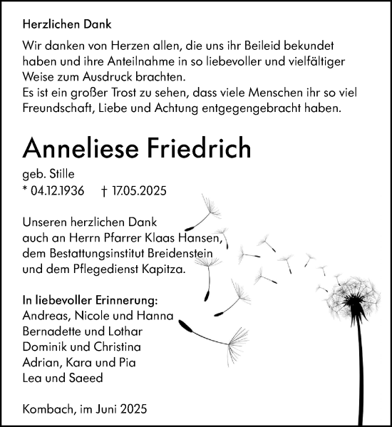 Traueranzeige von Anneliese Friedrich von Hinterländer Anzeiger