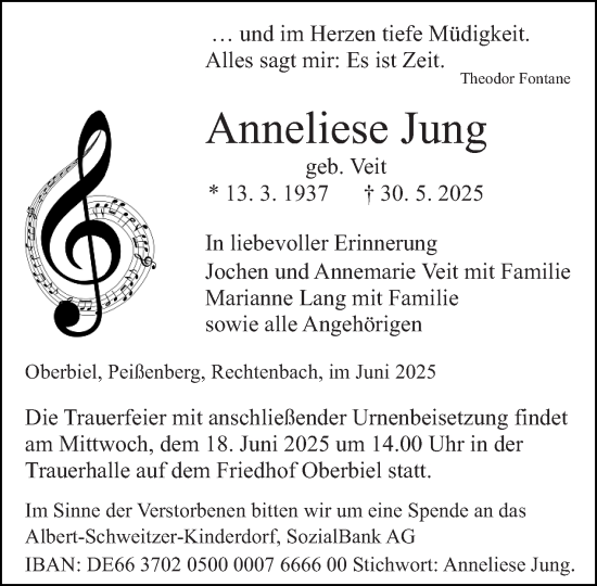 Traueranzeige von Anneliese Jung von Wetzlarer Neue Zeitung