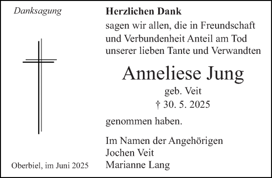 Traueranzeige von Anneliese Jung von Wetzlarer Neue Zeitung