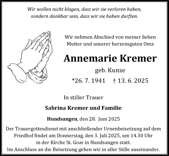 Traueranzeige von Annemarie Kremer von Nassauische Neue Presse