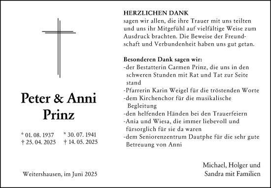 Traueranzeige von Anni Prinz von Hinterländer Anzeiger