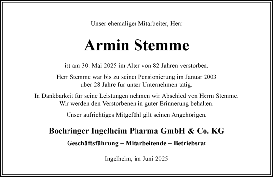 Traueranzeige von Armin Stemme von Allgemeine Zeitung Mainz