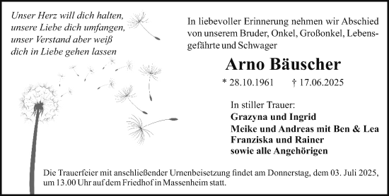 Traueranzeige von Arno Bäuscher von Hochheimer Zeitung