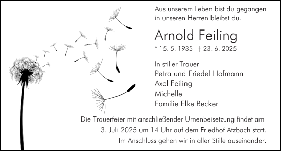 Traueranzeige von Arnold Feiling von Wetzlarer Neue Zeitung
