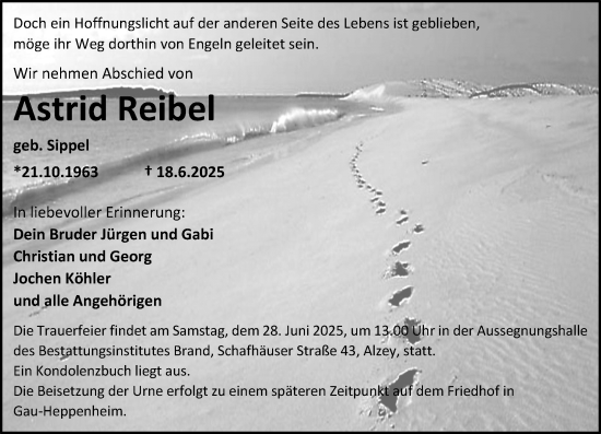 Traueranzeige von Astrid Reibel von Allgemeine Zeitung Alzey