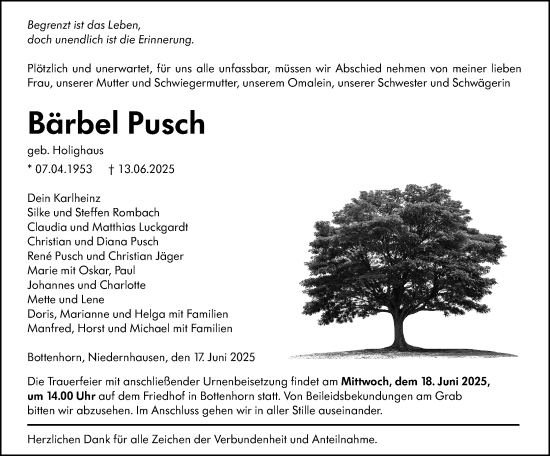 Traueranzeige von Bärbel Pusch von Hinterländer Anzeiger