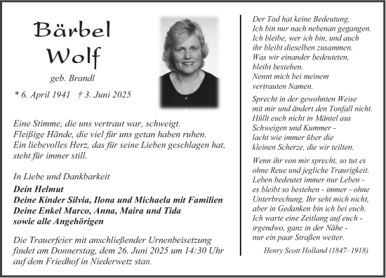 Traueranzeige von Bärbel Wolf von Wetzlarer Neue Zeitung