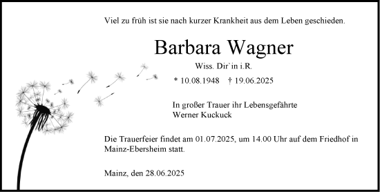 Traueranzeige von Barbara Wagner von Wiesbadener Kurier
