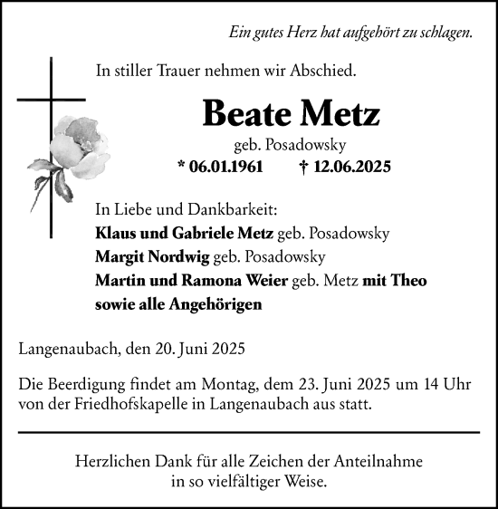 Traueranzeige von Beate Metz von Dill Block