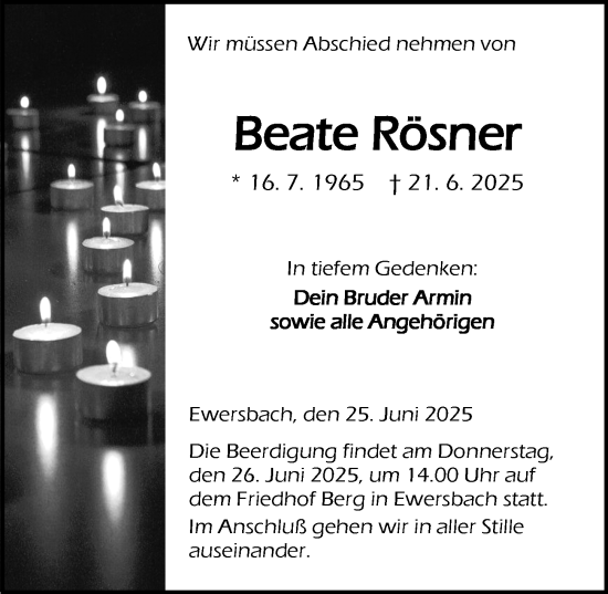 Traueranzeige von Beatte RRöösnner von Dill Block