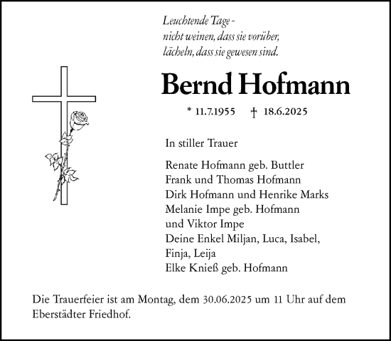 Traueranzeige von Bernd Hofmann von Darmstädter Echo
