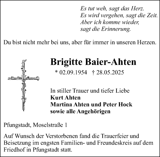 Traueranzeige von Brigitte Baier-Ahten von Darmstädter Echo