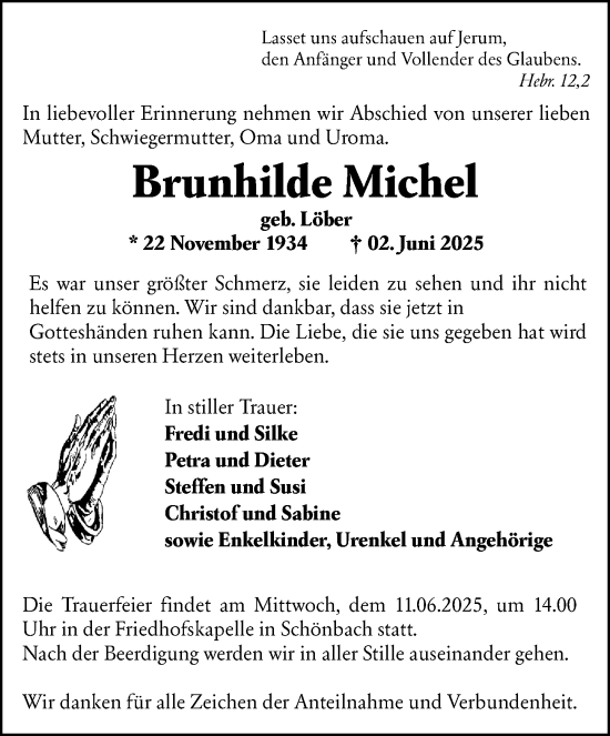 Traueranzeige von Brunhilde Michel von Dill Block