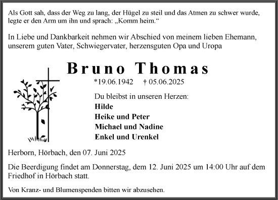Traueranzeige von Bruno Thomas von Dill Block