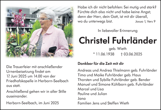 Traueranzeige von Christel Fuhrländer von Dill Block