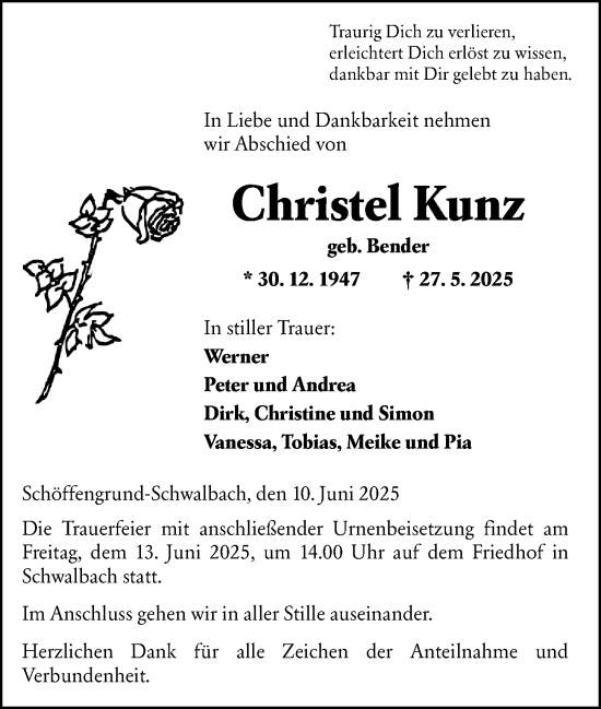 Traueranzeige von Christel Kunz von Wetzlarer Neue Zeitung