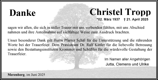 Traueranzeige von Christel Tropp von Weilburger Tageblatt