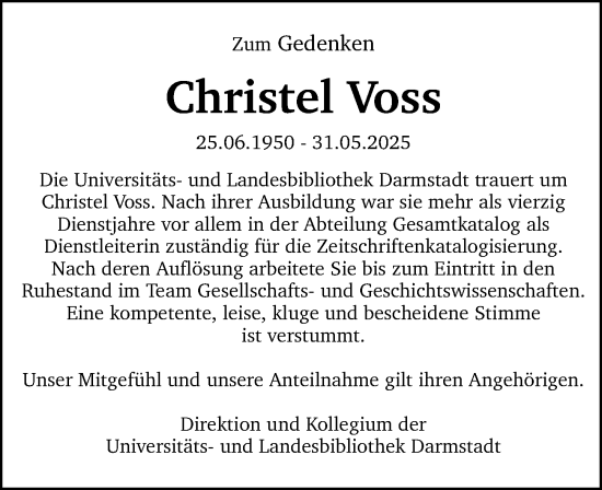 Traueranzeige von Christel Voss von Darmstädter Echo