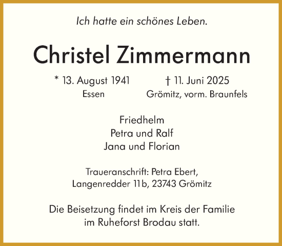 Traueranzeige von Christel Zimmermann von Wetzlarer Neue Zeitung