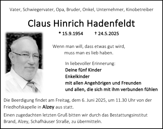 Traueranzeige von Claus Hinrich Hadenfeldt von Allgemeine Zeitung Alzey