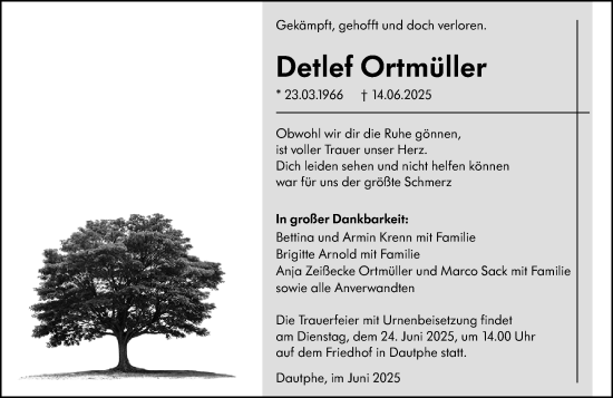 Traueranzeige von Detlef Ortmüller von Hinterländer Anzeiger