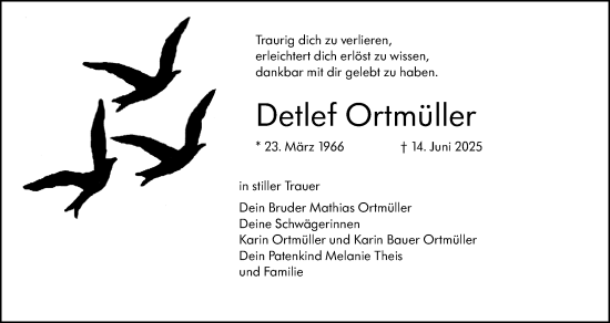 Traueranzeige von Detlef Ortmüller von Hinterländer Anzeiger