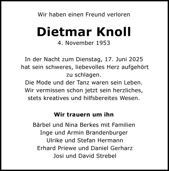 Traueranzeige von Dietmar Knoll von Wiesbadener Kurier