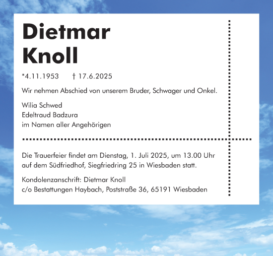 Traueranzeige von Dietmar Knoll von Wiesbadener Kurier