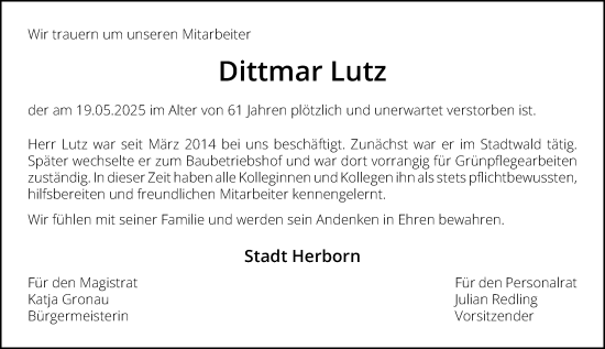 Traueranzeige von Dittmar Lutz von Dill Block