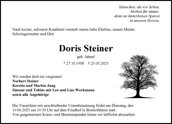Traueranzeige von Doris Steiner von Rüsselsheimer Echo