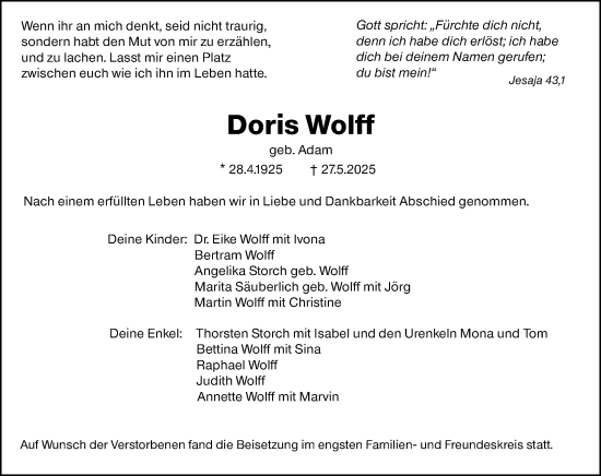 Traueranzeige von Doris Wolff von Darmstädter Echo