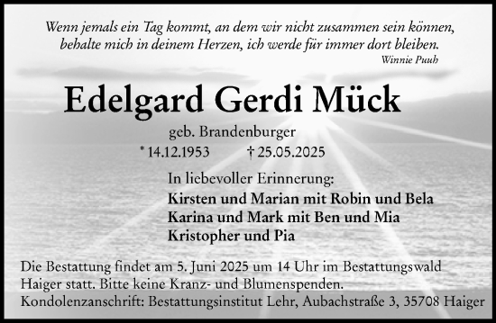 Traueranzeige von Edelgard Gerdi Mück von Dill Block