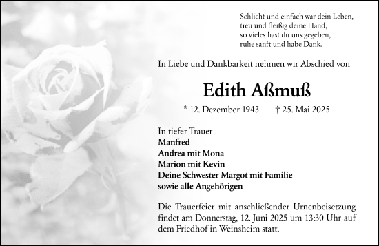 Traueranzeige von Edith Aßmuß von Wormser Zeitung