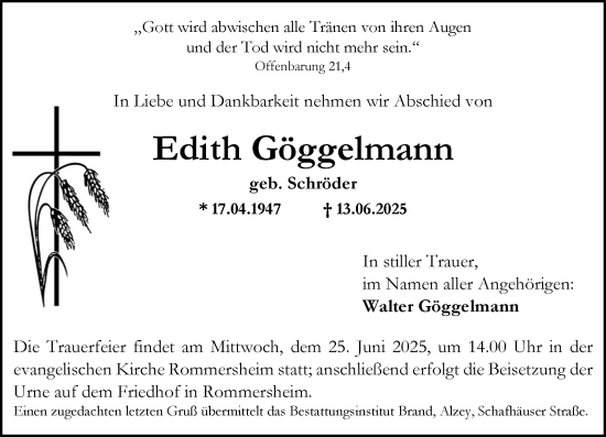 Traueranzeige von Edith Göggelmann von Allgemeine Zeitung Alzey