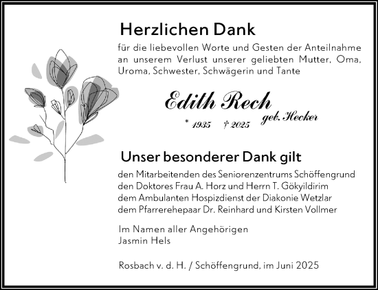 Traueranzeige von Edith Rech von Wetzlarer Neue Zeitung