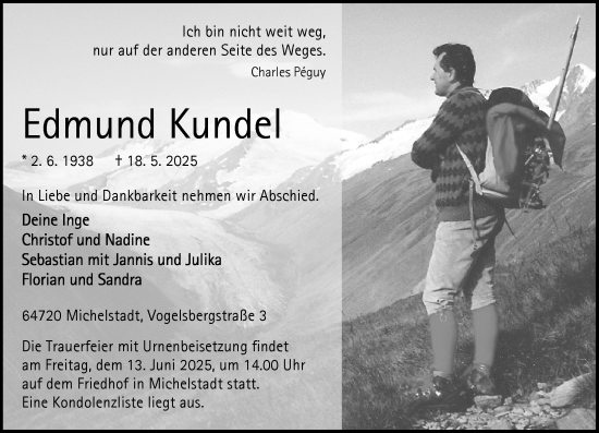 Traueranzeige von Edmund Kundel von Odenwälder Echo