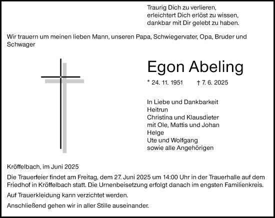 Traueranzeige von Egon Abeling von Wetzlarer Neue Zeitung