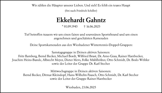 Traueranzeige von Ekkehardt Gahntz von Wiesbadener Kurier