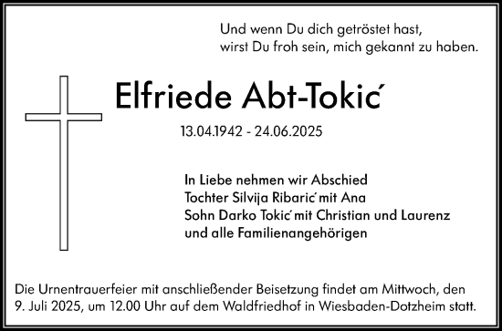 Traueranzeige von Elfriede Abt-Tokic von Wiesbadener Kurier