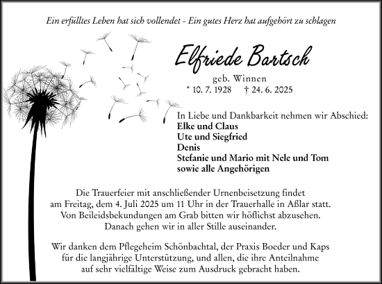 Traueranzeige von Elfriede Bartsch von Wetzlarer Neue Zeitung