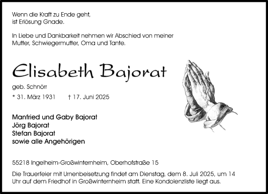 Traueranzeige von Elisabeth Bajorat von Allgemeine Zeitung Rheinhessen-Nahe