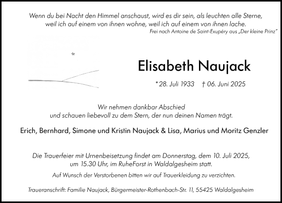Traueranzeige von Elisabeth Naujack von Binger-/Ingelheimer Wochenblatt