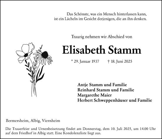 Traueranzeige von Elisabeth Stamm von Allgemeine Zeitung Alzey