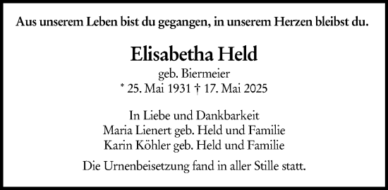 Traueranzeige von Elisabetha Held von Dieburger Anzeiger/Groß-Zimmerner Lokal-Anzeiger