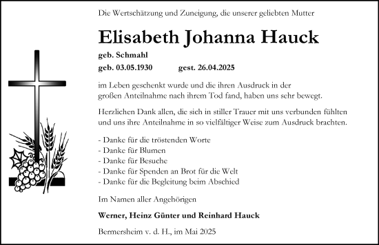 Traueranzeige von Elisabeth Johanna Hauck von Allgemeine Zeitung Alzey